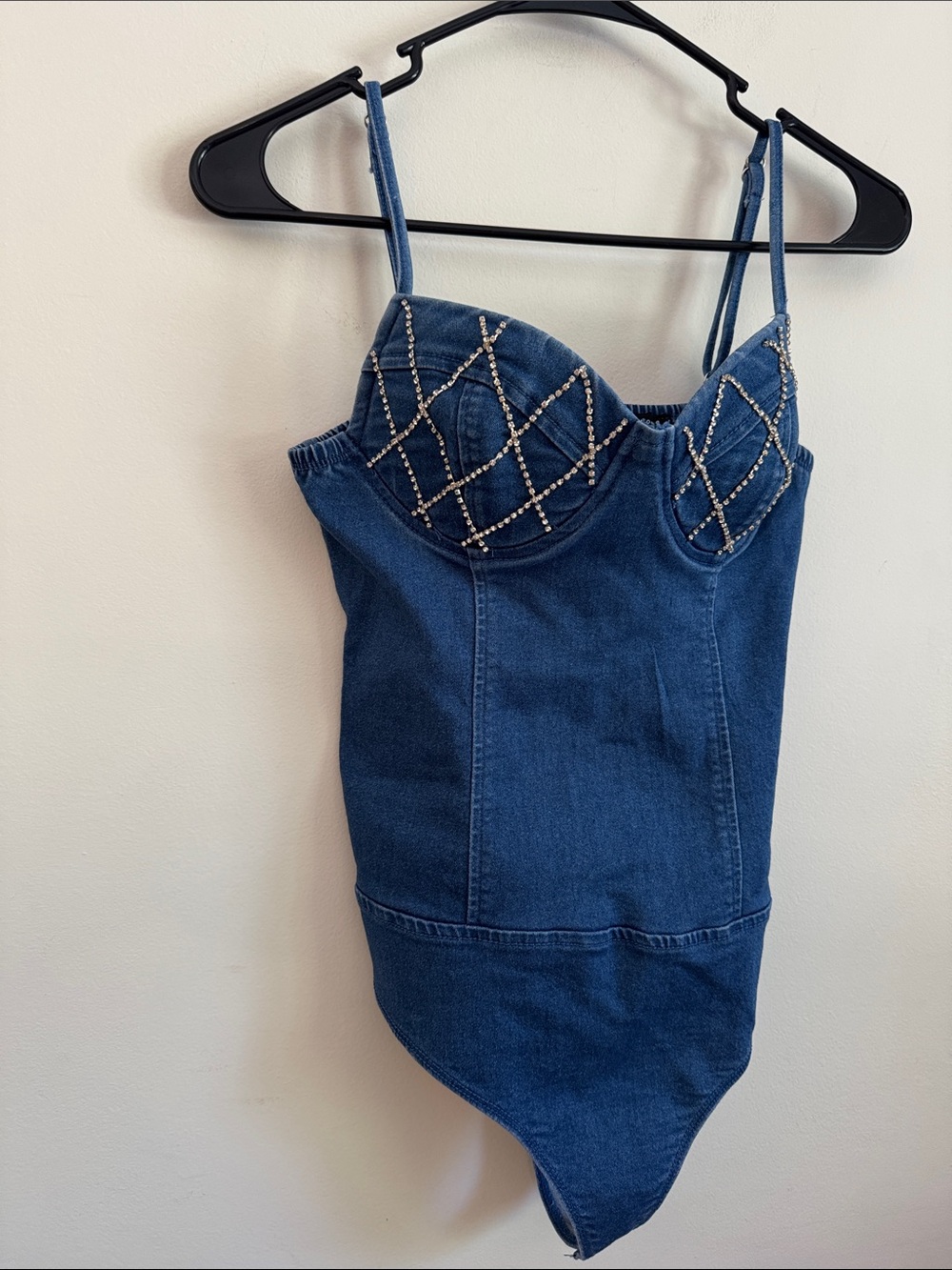 Haute Monde Rhinestone Detail Denim Bodysuit - Dark Blue